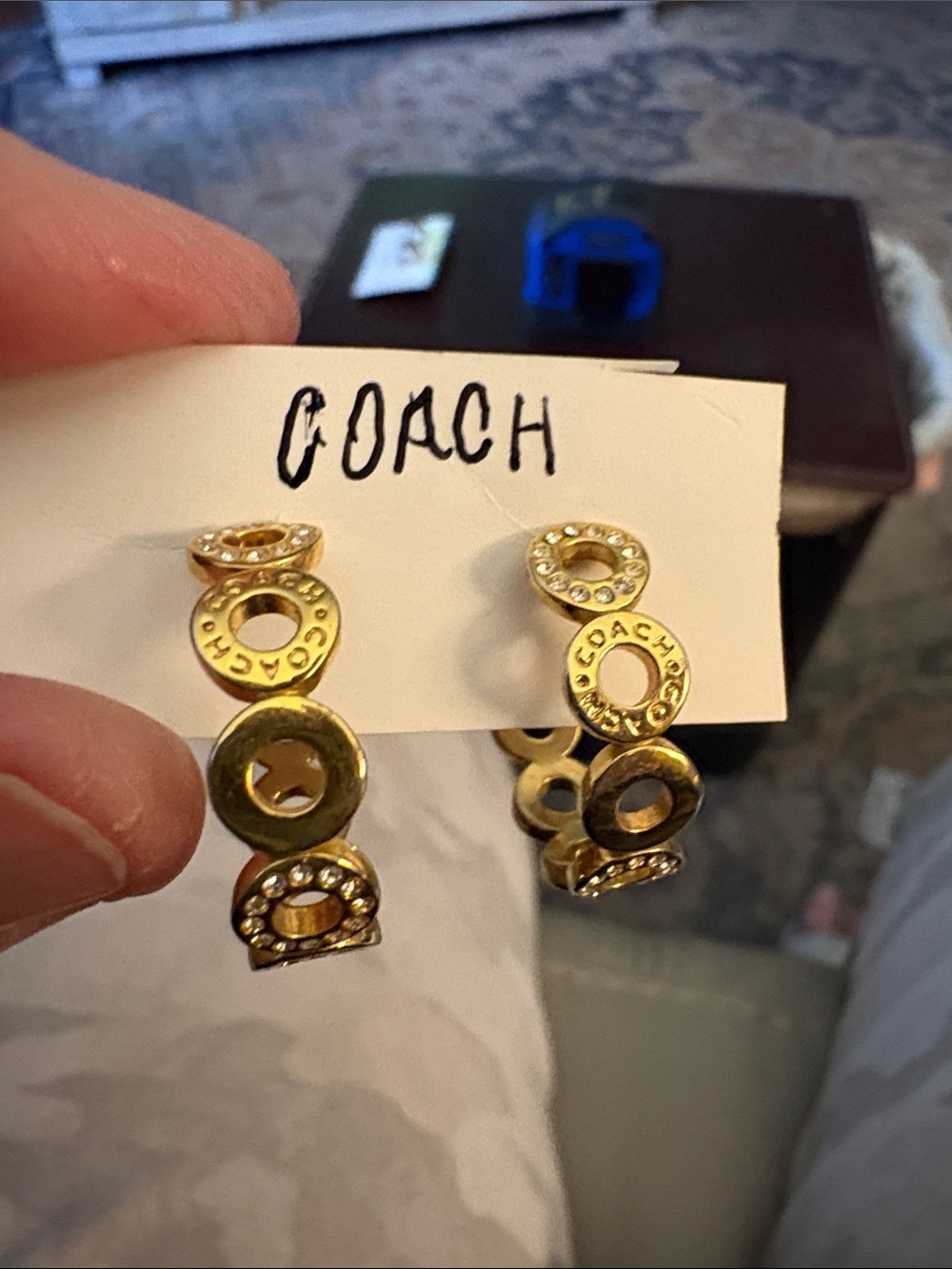 Coach Silver and Gold Logo Hoop Drop Earrings with Crystal Accents - Picture 2 of 5